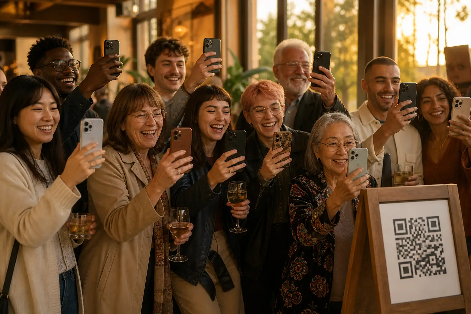 Gruppe von Freunden, die gemeinsam Fotos machen mit einem QR-Code-Plakat im Hintergrund